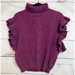 Knit Co-op Womens Purple Ruffle Sleeve Turtleneck Cable Knit Sweater‎ Vest Large